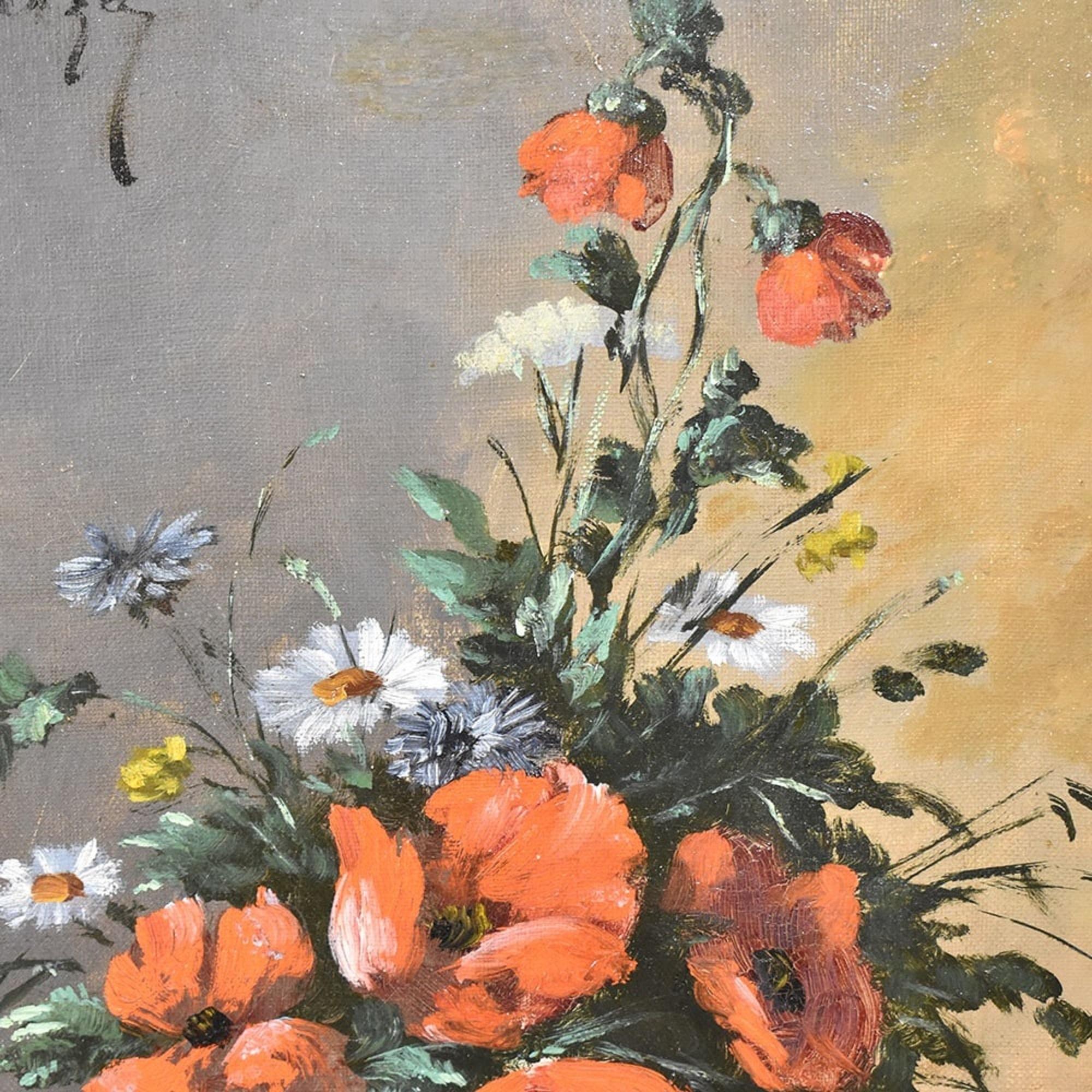 French Peinture ancienne Nature morte de fleurs, coquelicots et marguerites, huile sur toile, 19e. en vente