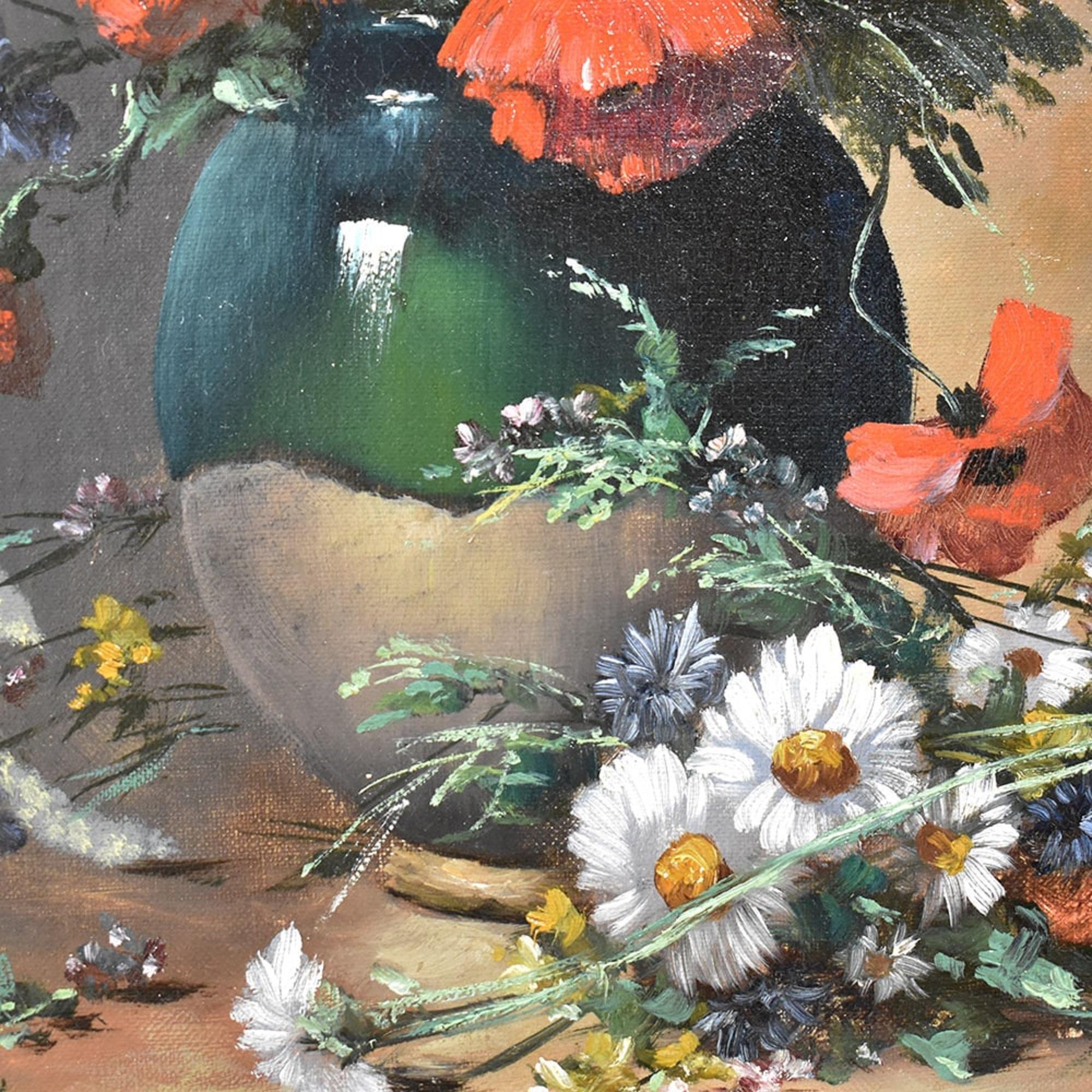 Huilé Peinture ancienne Nature morte de fleurs, coquelicots et marguerites, huile sur toile, 19e. en vente
