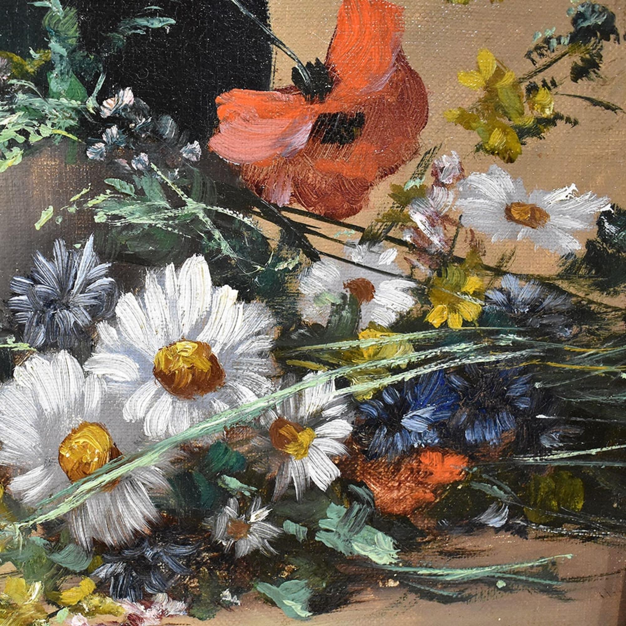 Peinture ancienne Nature morte de fleurs, coquelicots et marguerites, huile sur toile, 19e. Bon état - En vente à Breganze, VI