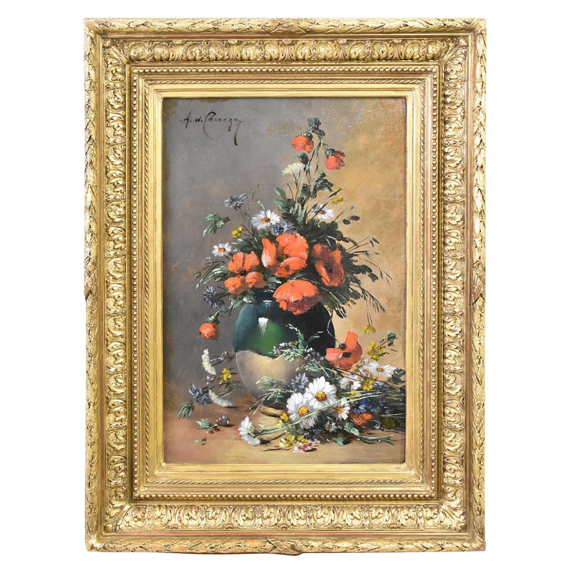 Quadro Antico Natura Morta Di Fiori, Papaveri E Margherite, Olio Su Tela, XIX.