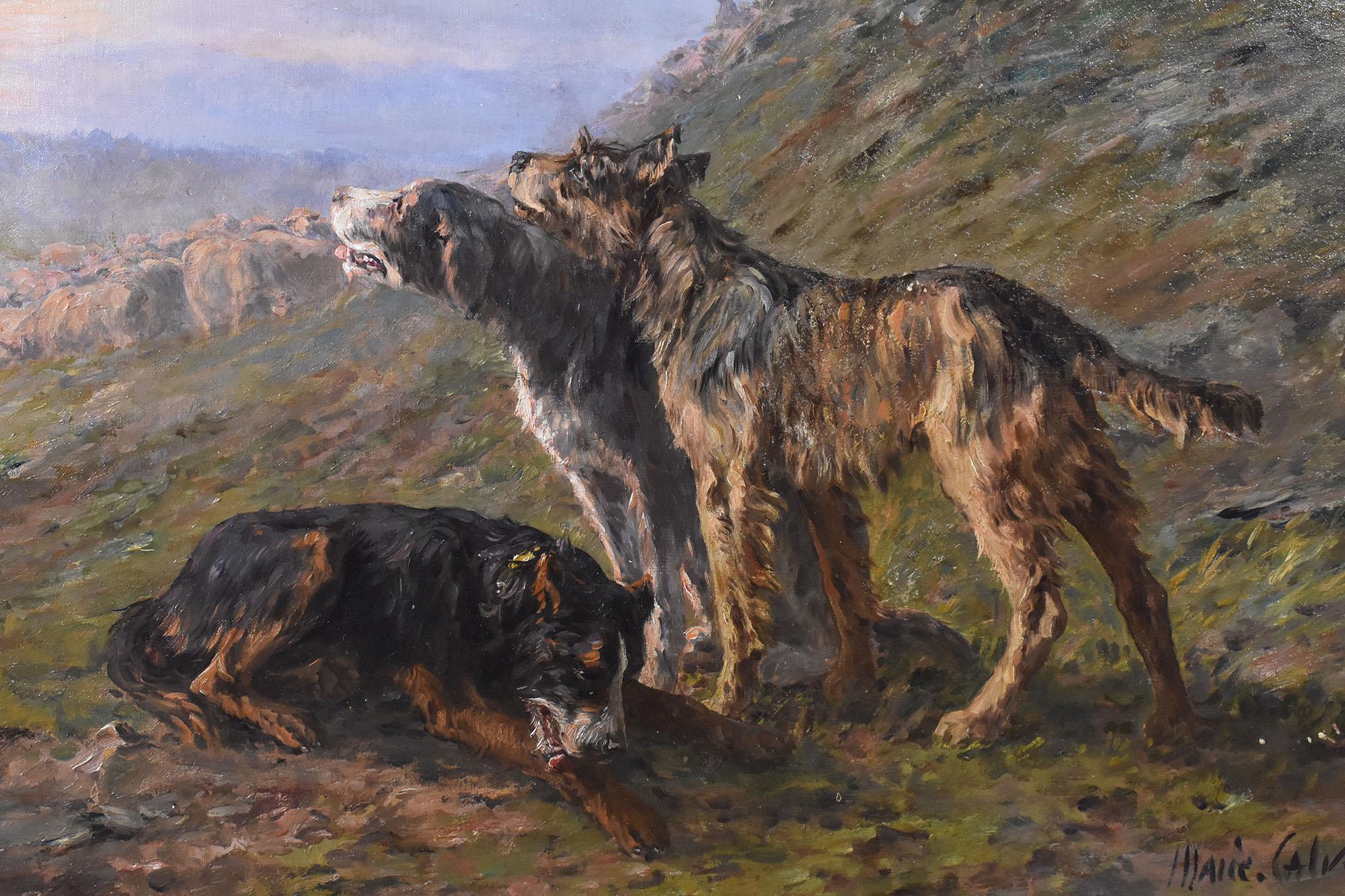 Art nouveau Peinture ancienne, portrait de chiens et d'un troupeau de moutons, huile sur toile, début du 20e siècle. en vente