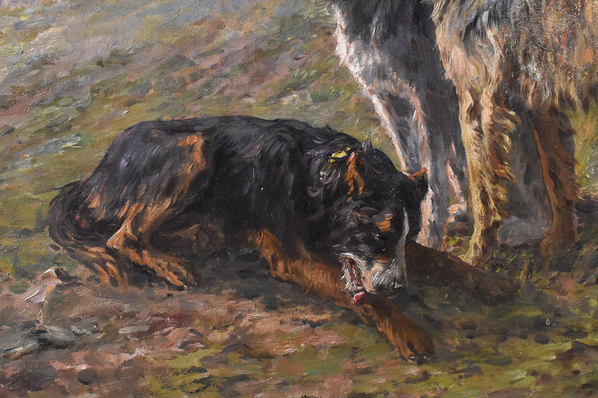 French Peinture ancienne, portrait de chiens et d'un troupeau de moutons, huile sur toile, début du 20e siècle. en vente