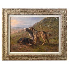 Peinture ancienne, portrait de chiens et d'un troupeau de moutons, huile sur toile, début du 20e siècle.