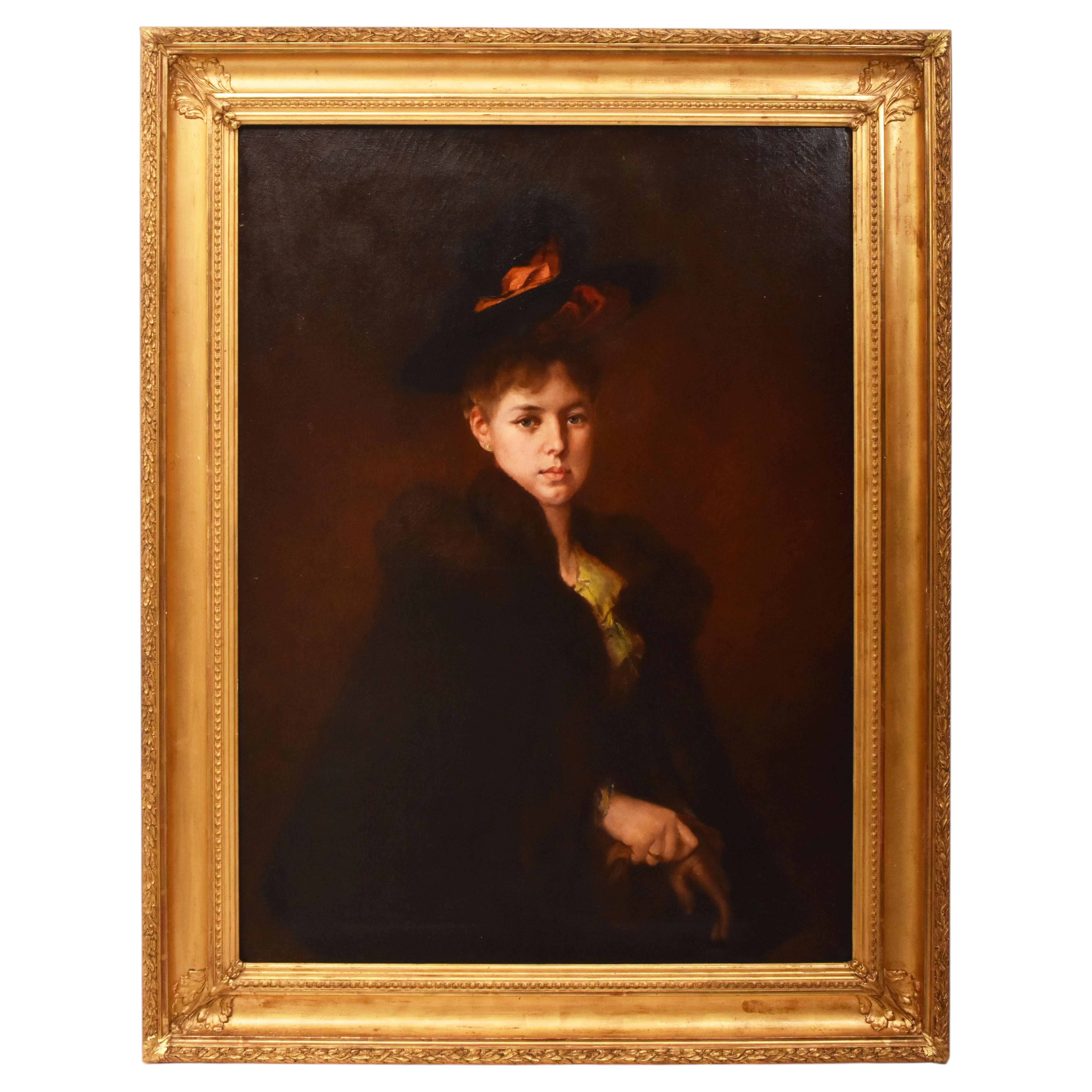 Antique Painting, Portrait of Young Elegantly Dressed Woman, Oil On Canvas, 19th