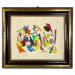 Peinture abstraite avec cadre doré signée Mozzamino, vers 1980.