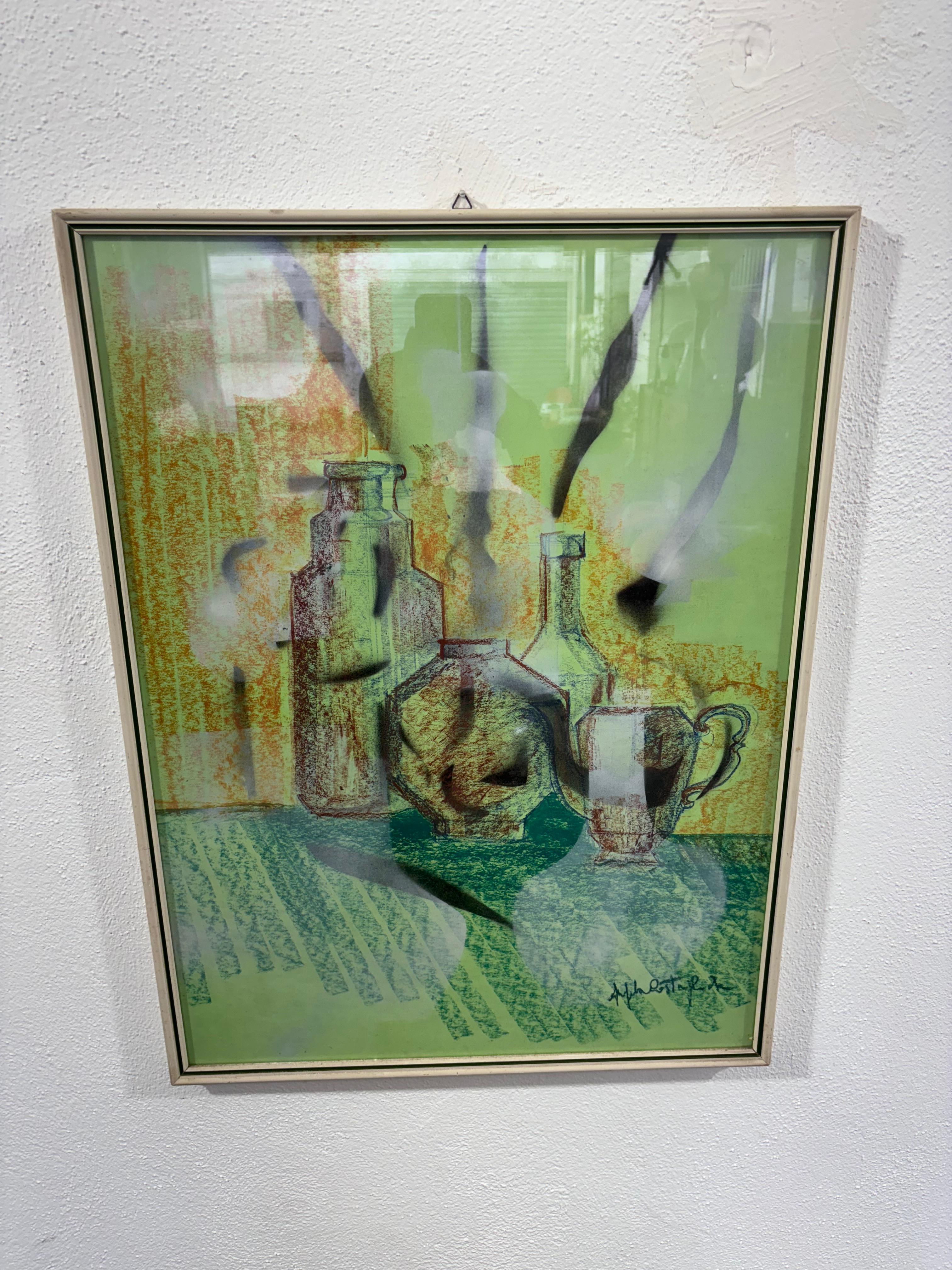 Late 20th Century Quadro Bottiglie Set da Tavola Tecnica Pastello Anni 70 in vendita