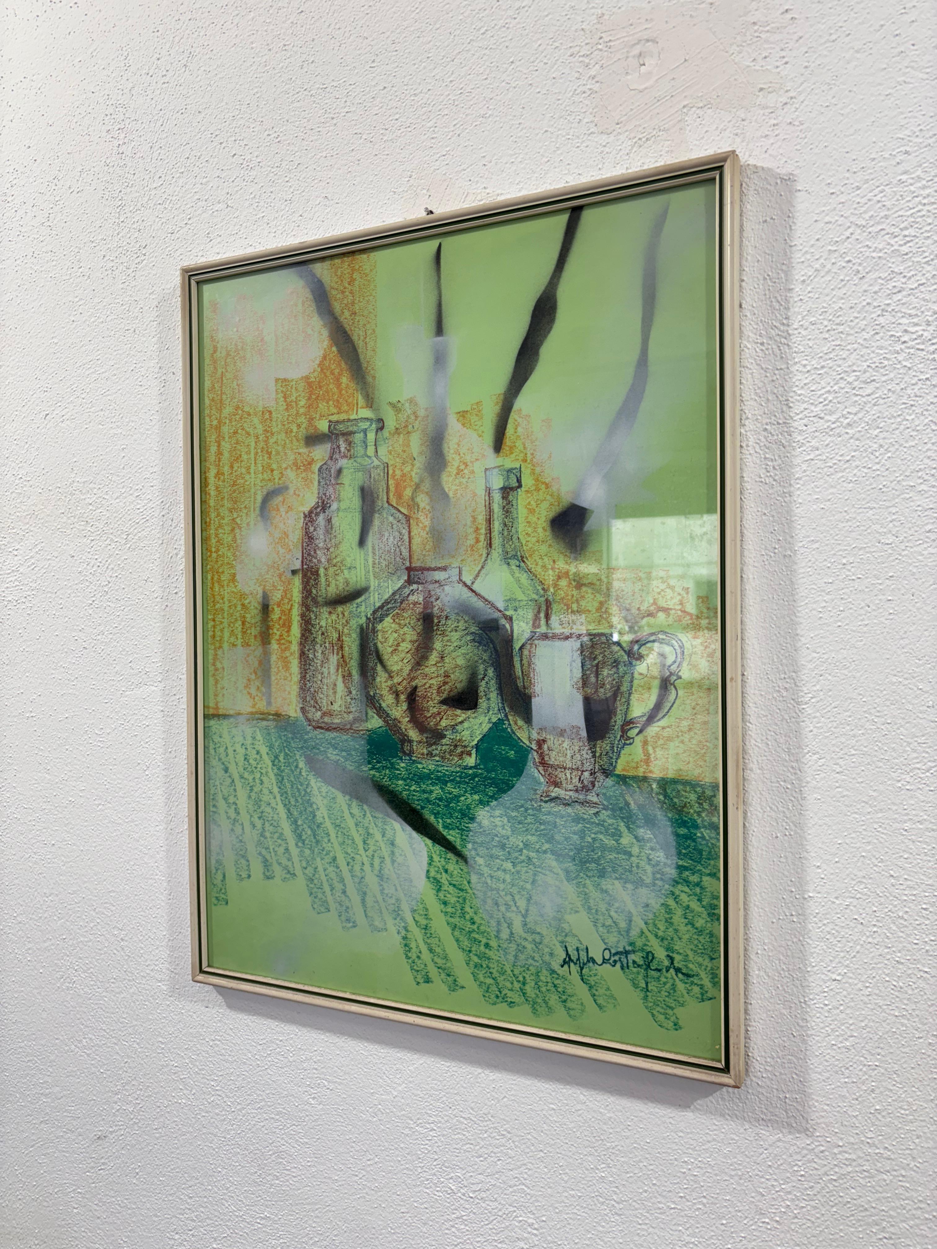 Carta Quadro Bottiglie Set da Tavola Tecnica Pastello Anni 70 in vendita