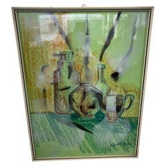 Quadro Juego de Mesa Botellas Técnica Pastel Años 70