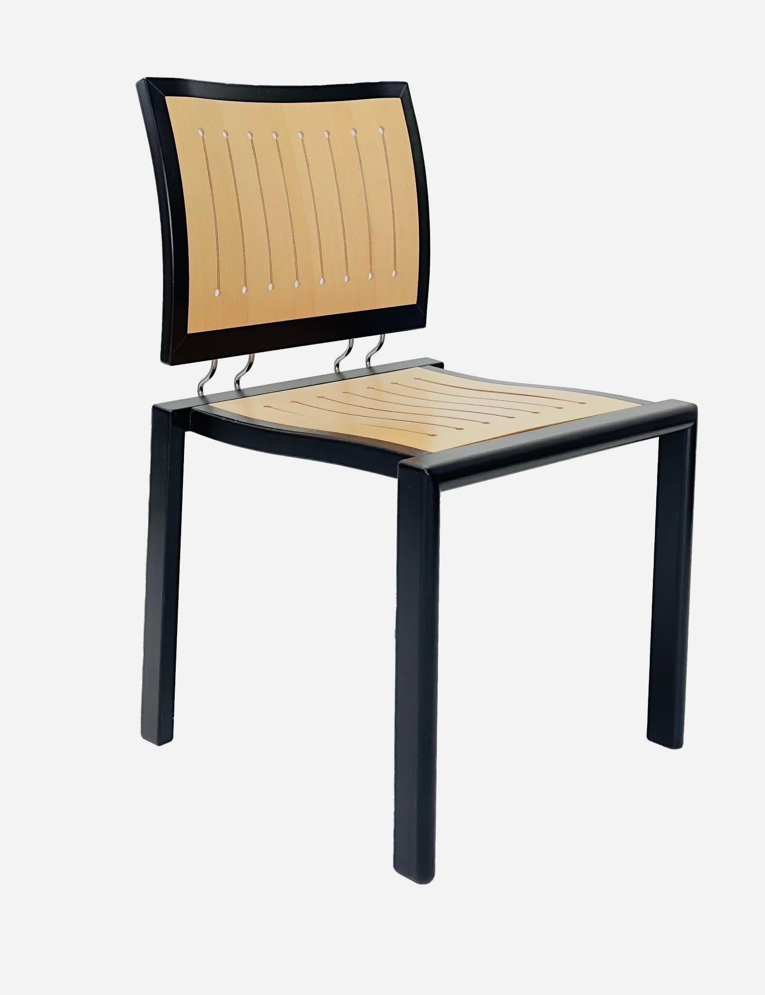 Designed in 1989 by Swiss most renowned designer Bruno Rey in collaborator with Charles Polin, this classic chair has its timeless characteristic from its square lines , and it’s finely chiseled back and it’s fine connection between the back and the