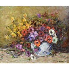 Painting With Flowers Of Anemones, Art Deco, Oil On Canvas, 20th Century Still Life.