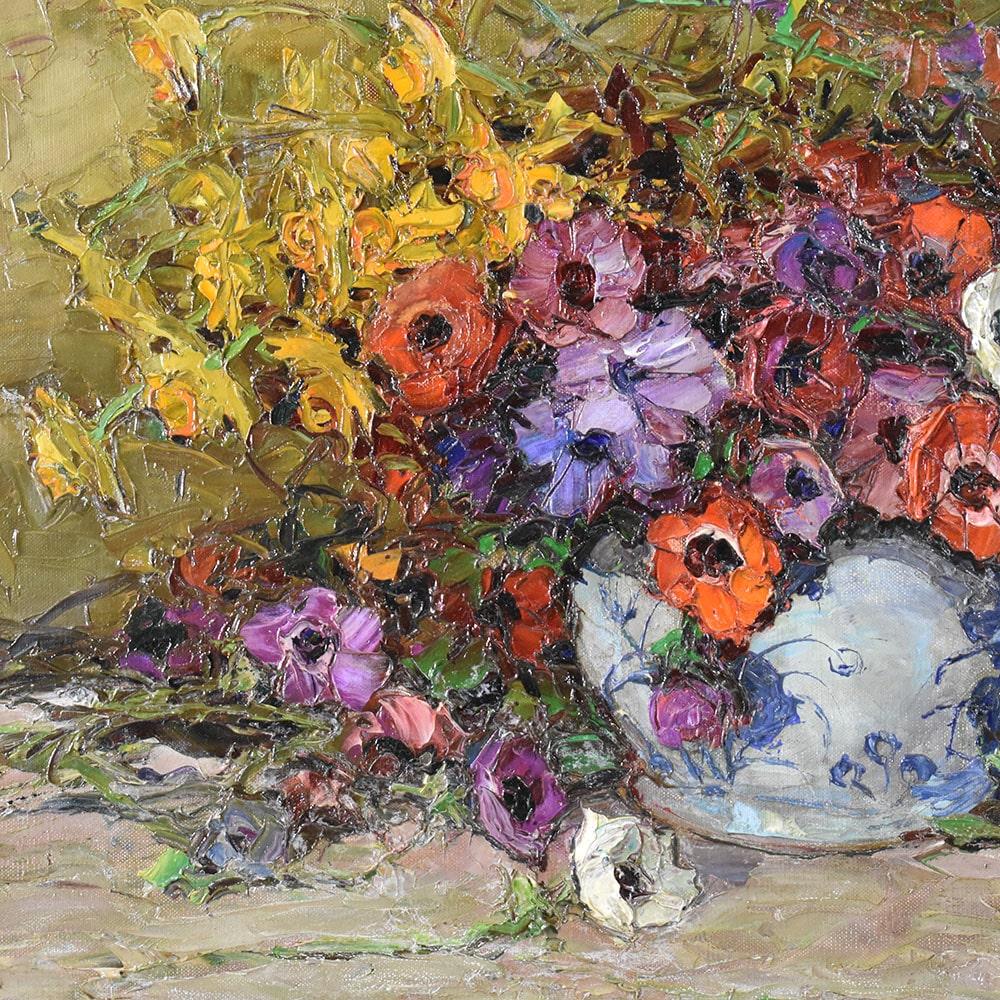 French Painting With Flowers Of Anemones, Art Deco, Oil On Canvas, 20th Century Still Life.