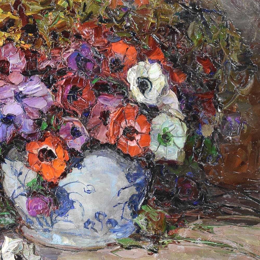 Oiled Painting With Flowers Of Anemones, Art Deco, Oil On Canvas, 20th Century Still Life.