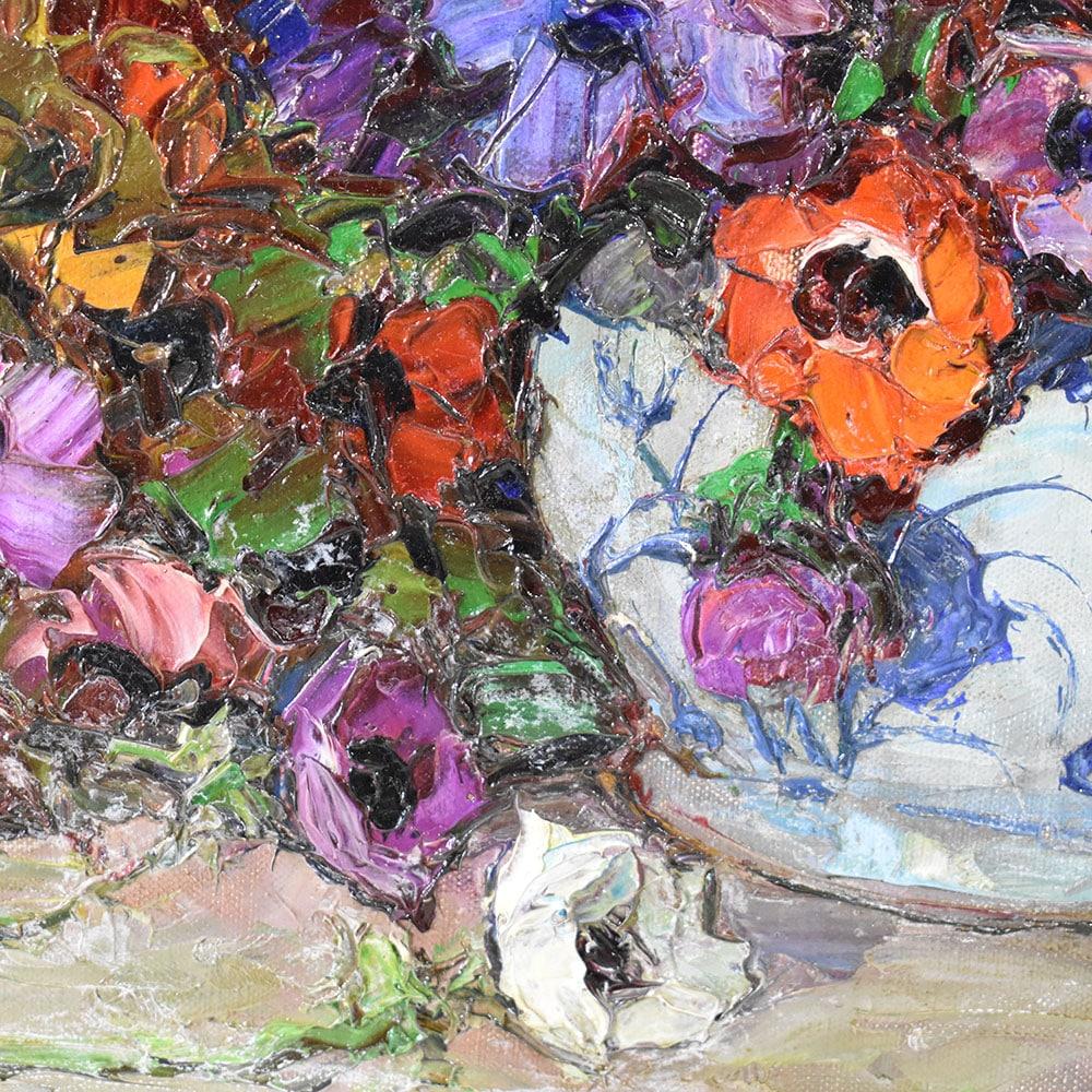 Painting With Flowers Of Anemones, Art Deco, Oil On Canvas, 20th Century Still Life. 1