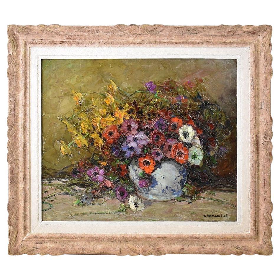 Painting With Flowers Of Anemones, Art Deco, Oil On Canvas, 20th Century Still Life. For Sale
