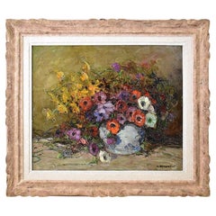Painting With Flowers Of Anemones, Art Deco, Oil On Canvas, 20th Century Still Life.