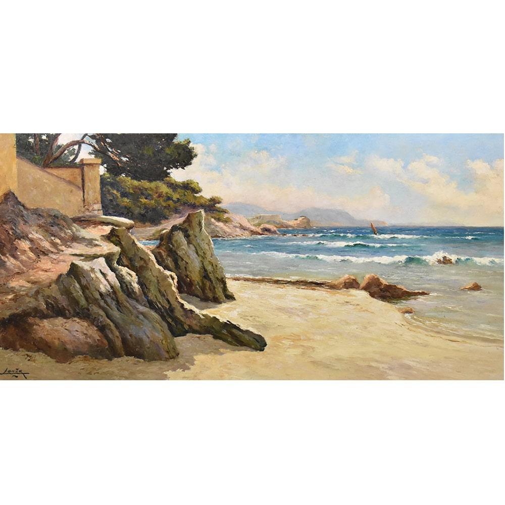 The antique paintings category, Sea Paintings proposes a stretch of the French Riviera. 
The work depicts a marina, a glimpse of the rocky coastline of the Mediterranean Sea,
painted in warm colors.

This is an oil painting on Faesite panel from the