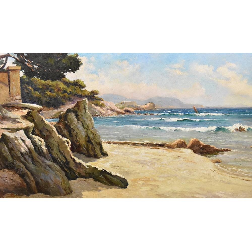Gemälde mit Yachthafen, Côte d'Azur, Felsenküste, Mittelmeer, Art Deco. (Art déco) im Angebot