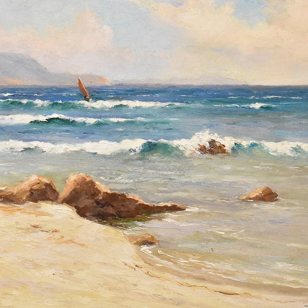 Gemälde mit Yachthafen, Côte d'Azur, Felsenküste, Mittelmeer, Art Deco. (French) im Angebot
