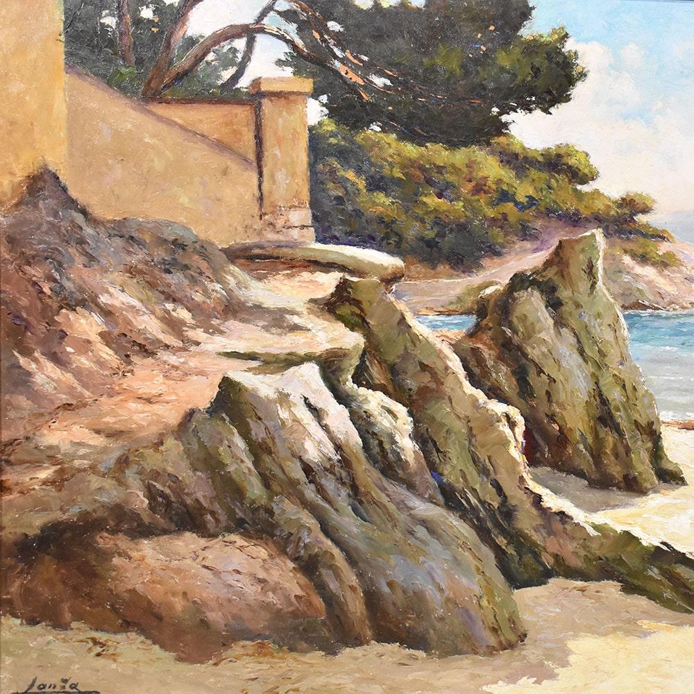 Gemälde mit Yachthafen, Côte d'Azur, Felsenküste, Mittelmeer, Art Deco. (Geölt) im Angebot