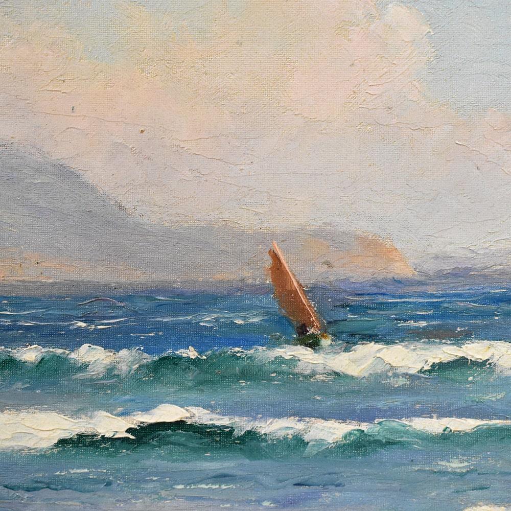 Gemälde mit Yachthafen, Côte d'Azur, Felsenküste, Mittelmeer, Art Deco. (20th Century) im Angebot