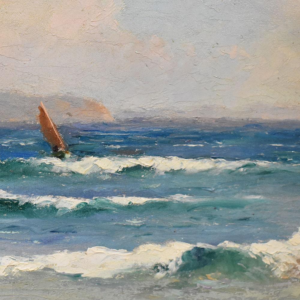 Gemälde mit Yachthafen, Côte d'Azur, Felsenküste, Mittelmeer, Art Deco. (Holz) im Angebot