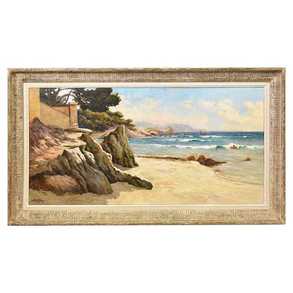 Peinture avec marina, Côte d'Azur, côte rocheuse, mer Méditerranée, Art déco.