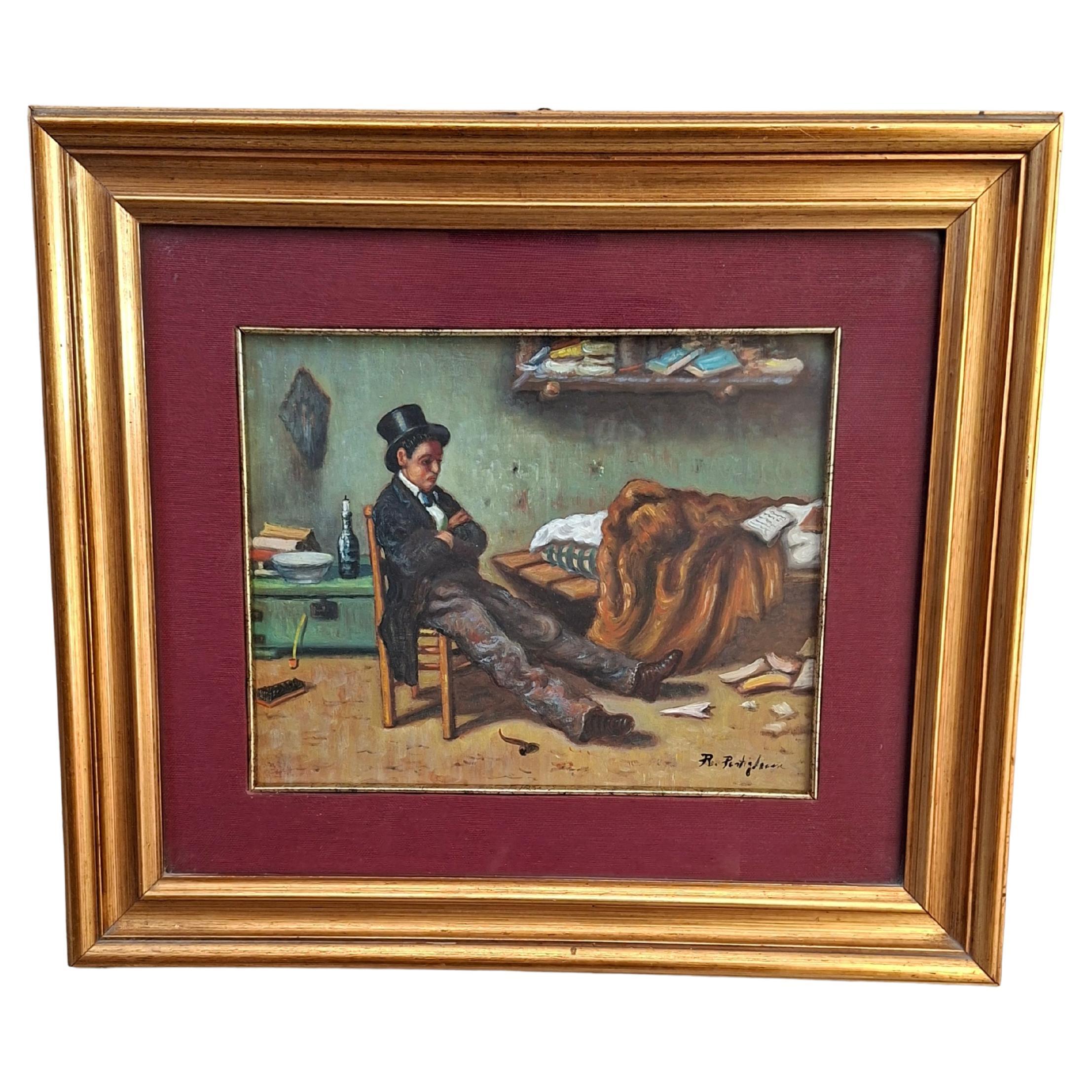 Author's Painting "The Poet" A. Pontiglione Vintage 1980s with Gilded Frame