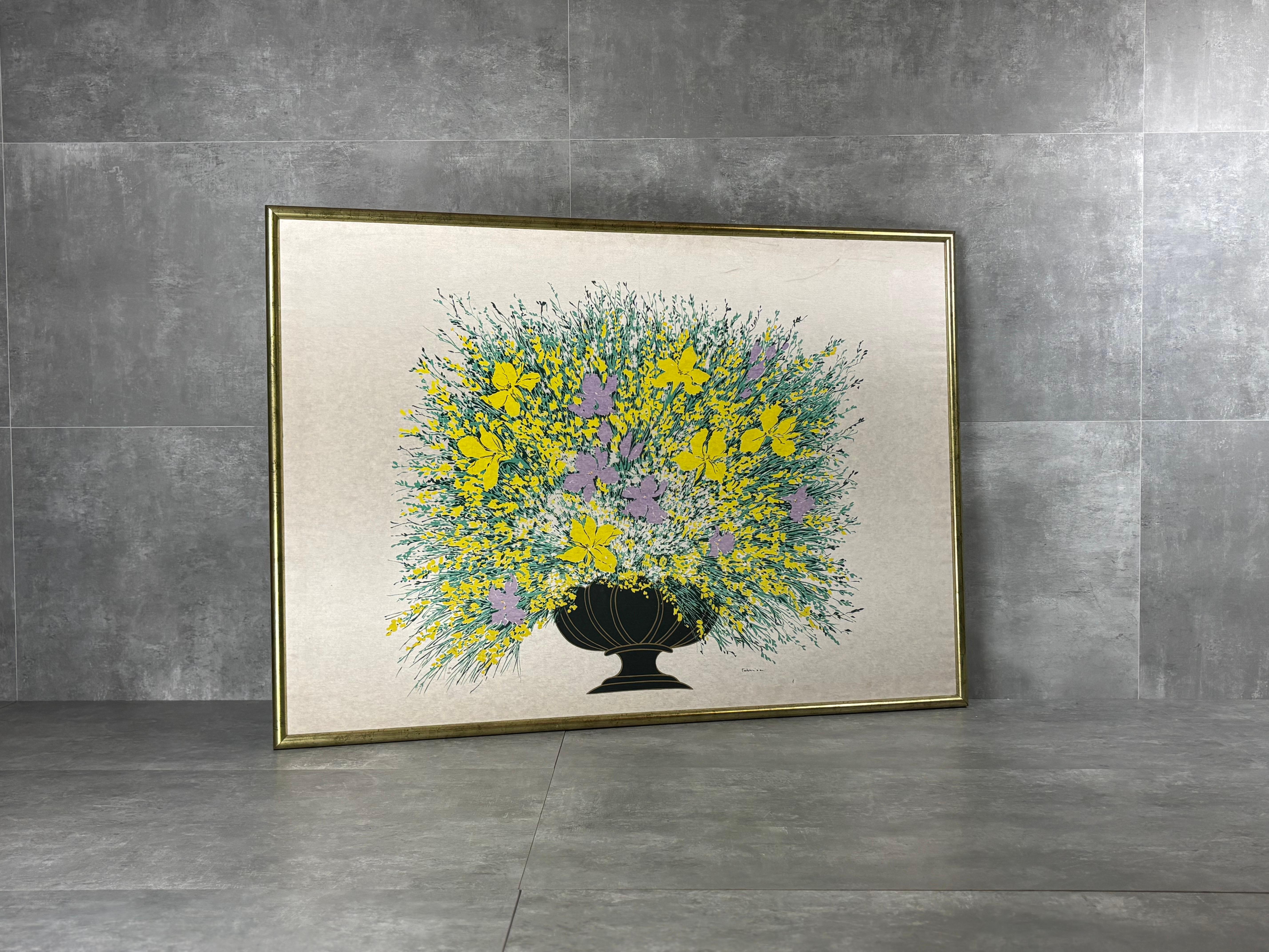 Quadro raffigurante vaso di fiori in stile Art Decó di Fabbriziani, artista di Roma, con tecnica di serigrafia su seta in edizione limitata, cornici in legno dorato originali.