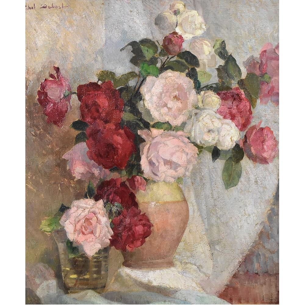 The paintings with flowers Mazzo Di Rose proposed here is an oil painting on canvas from the early twentieth century. Art Deco.
Note that the beautiful carved and lacquered wooden frame is original and coeval, 1930s.

These are paintings on canvas,