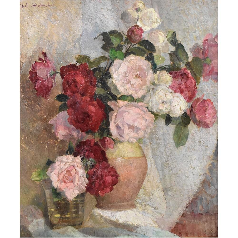 I quadri con fiori Mazzo Di Rose qui proposto è una pittura ad olio su tela dei primi anni del Novecento. Art Déco.
Da sottolineare che la bella cornice in legno intagliata e laccata è originale e coeva, anni Trenta del 1900.

Si tratta di quadri su