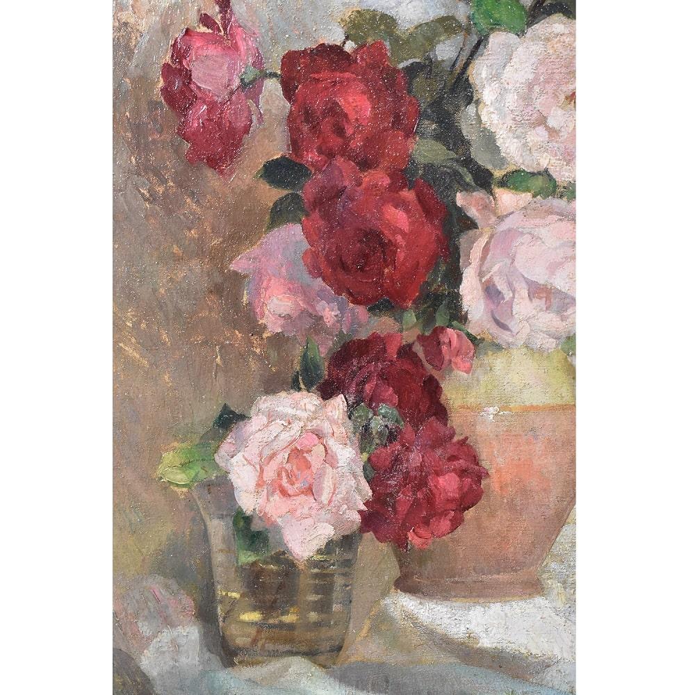 French Painting Of Flowers Of Roses, Art Deco, Oil On Canvas, Still Life Of The Twentieth Century. For Sale