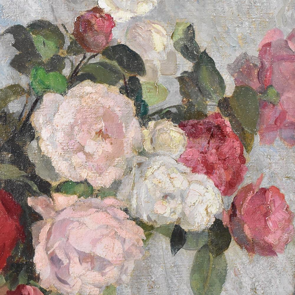 Gemälde von Blumen von Rosen, Art Deco, Öl auf Leinwand, 20. Jahrhundert Stillleben. (French) im Angebot