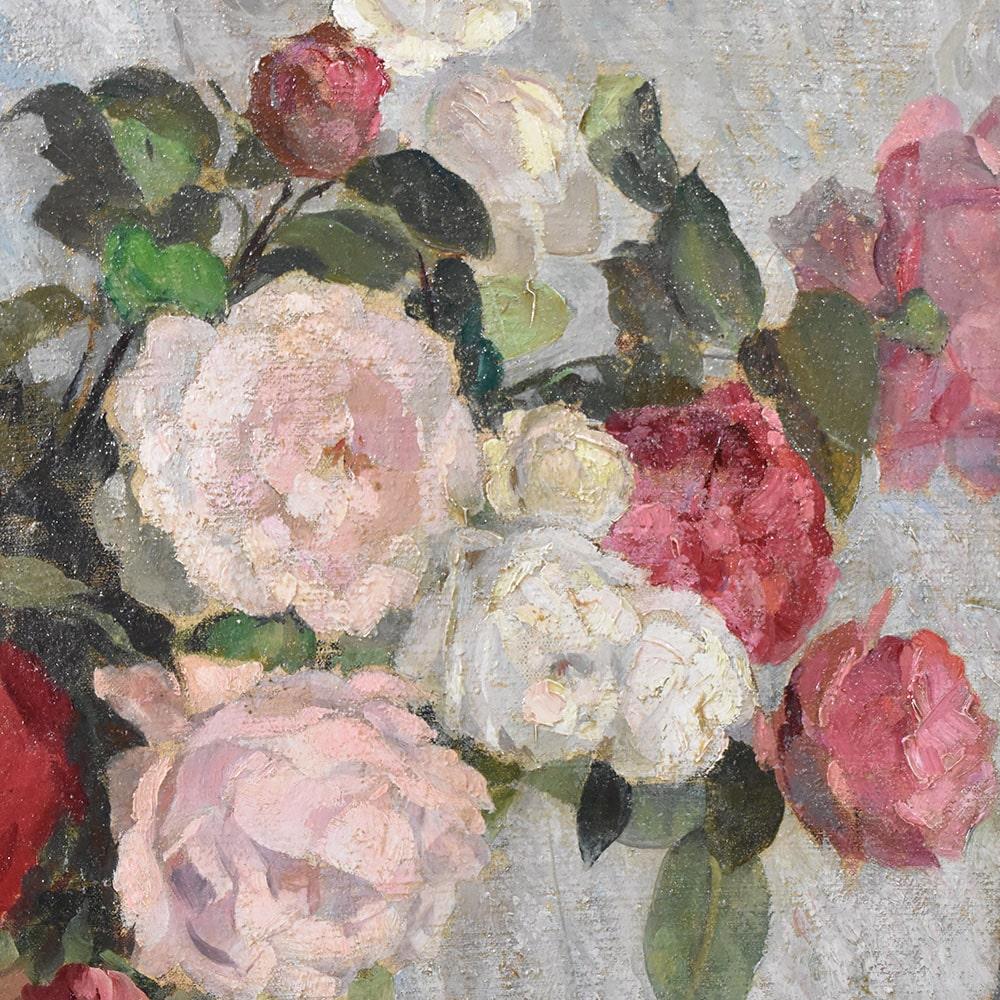 Oiled Quadro Di Fiori Di Rose, Art Deco, Olio Su Tela, Natura Morta Del Novecento.