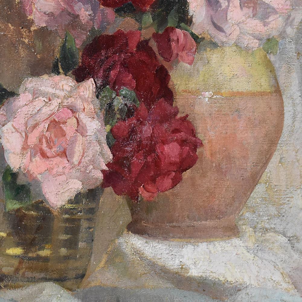 Gemälde von Blumen von Rosen, Art Deco, Öl auf Leinwand, 20. Jahrhundert Stillleben. (Geölt) im Angebot