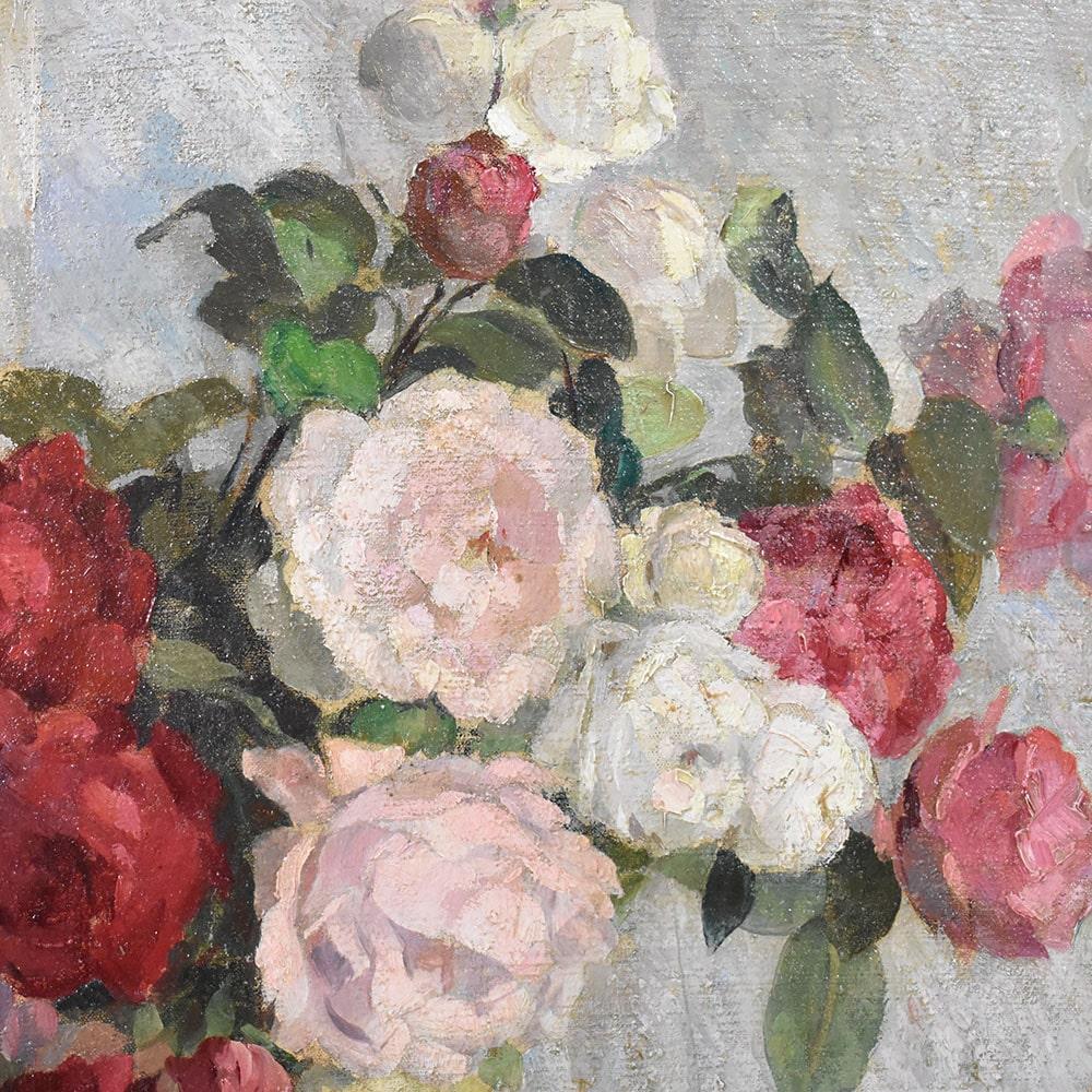 20th Century Painting Of Flowers Of Roses, Art Deco, Oil On Canvas, Still Life Of The Twentieth Century. For Sale
