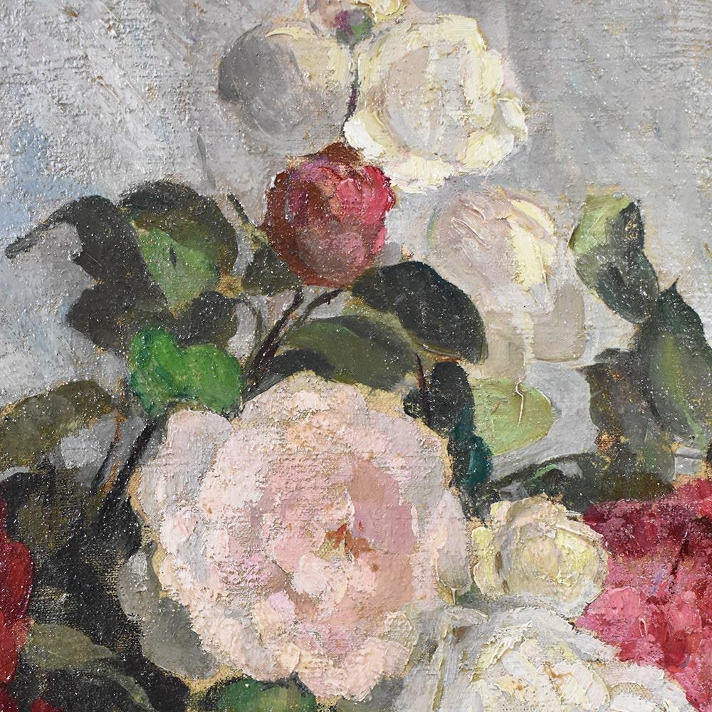Gemälde von Blumen von Rosen, Art Deco, Öl auf Leinwand, 20. Jahrhundert Stillleben. (20th Century) im Angebot