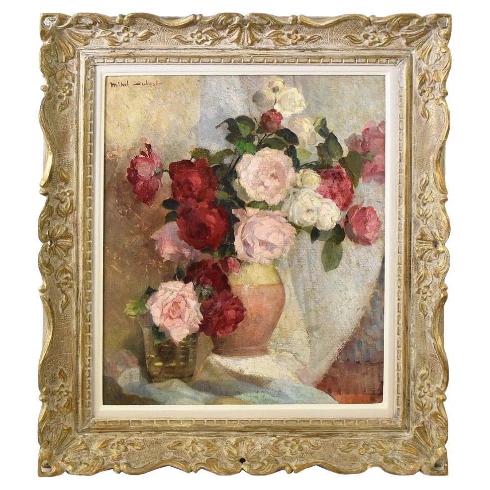 Gemälde von Blumen von Rosen, Art Deco, Öl auf Leinwand, 20. Jahrhundert Stillleben. im Angebot