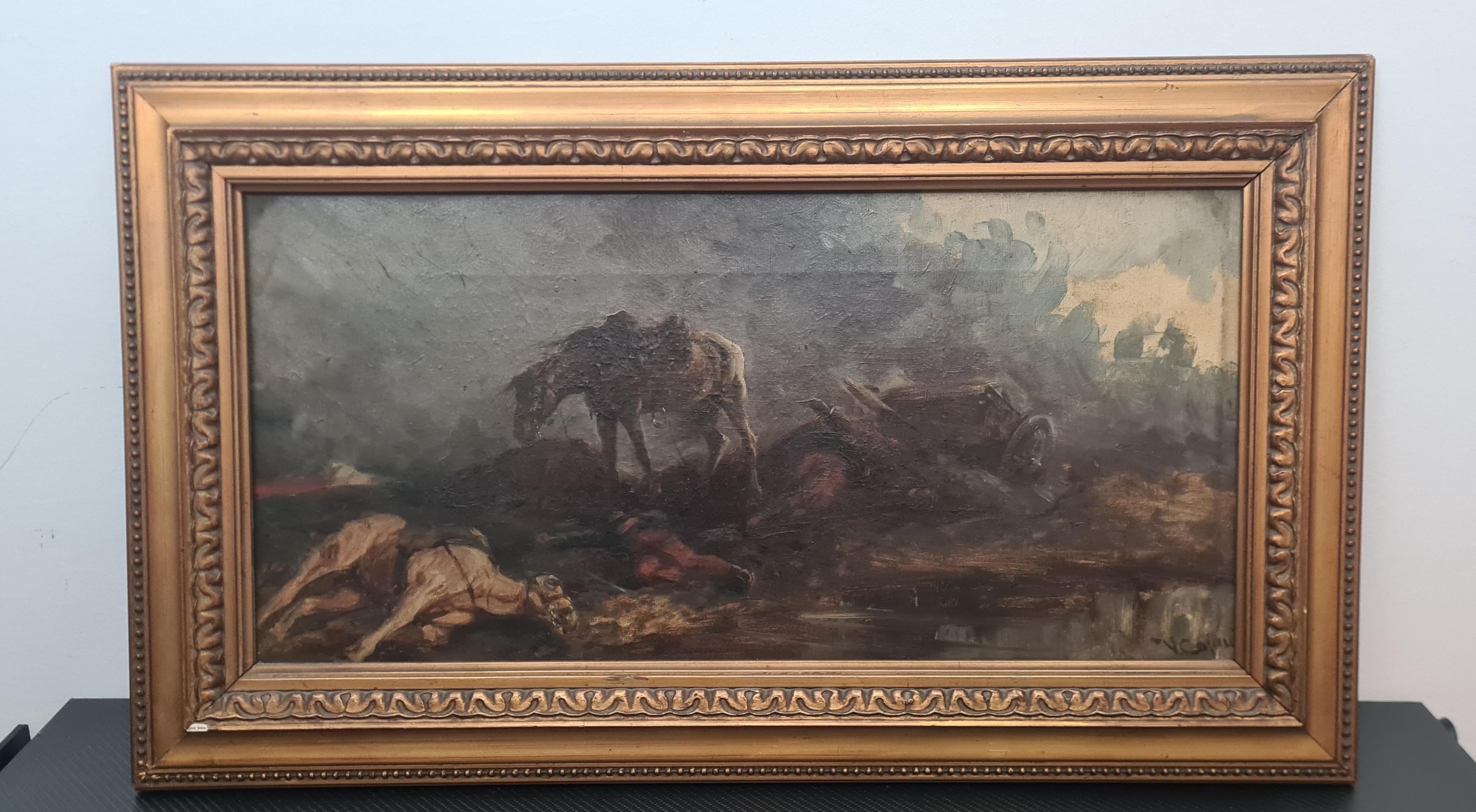 Vittorio Cajani's painting entitled La Forza Del Destino.

Vittorio Cajani was a Turin painter born in 1848 who saw his greatest output in the second half of the 19th century.

His depictions often dealt with scenes of horses or everyday populous