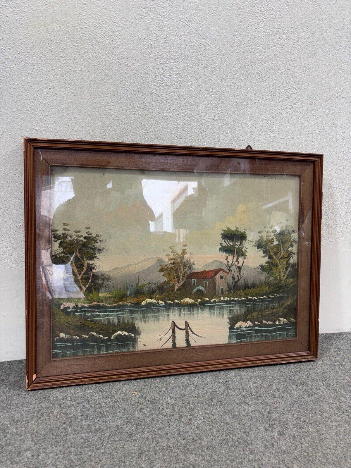 Pintura de paisaje con río Técnica mixta sobre lienzo Italian en venta