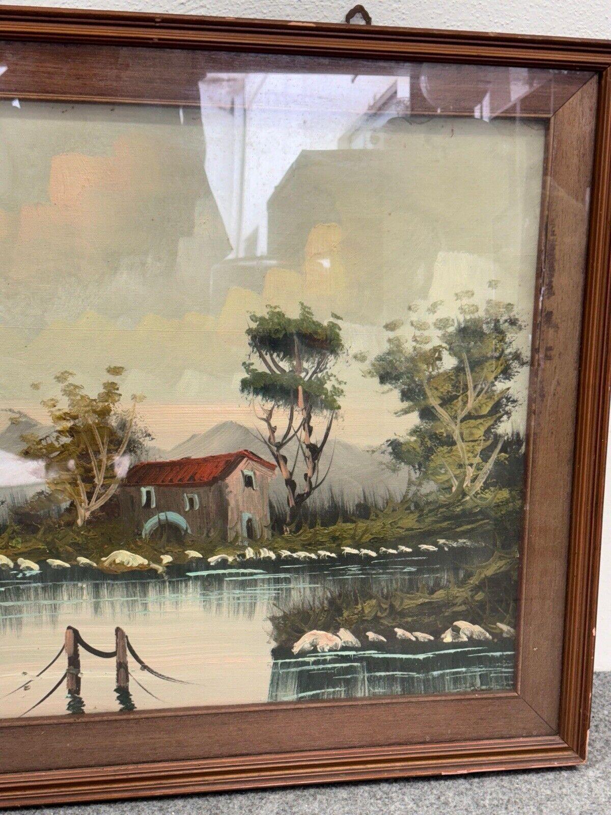 Pintura de paisaje con río Técnica mixta sobre lienzo en Bueno estado para la venta en Taranto, IT