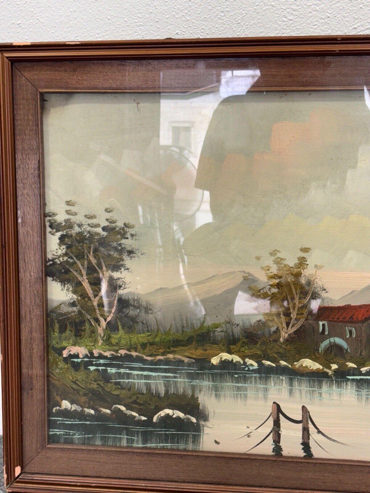 Pintura de paisaje con río Técnica mixta sobre lienzo Late 20th Century en venta