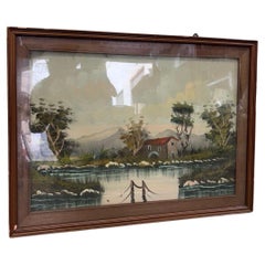 Quadro Dipinto paesaggio con fiume Tecnica mista su tela