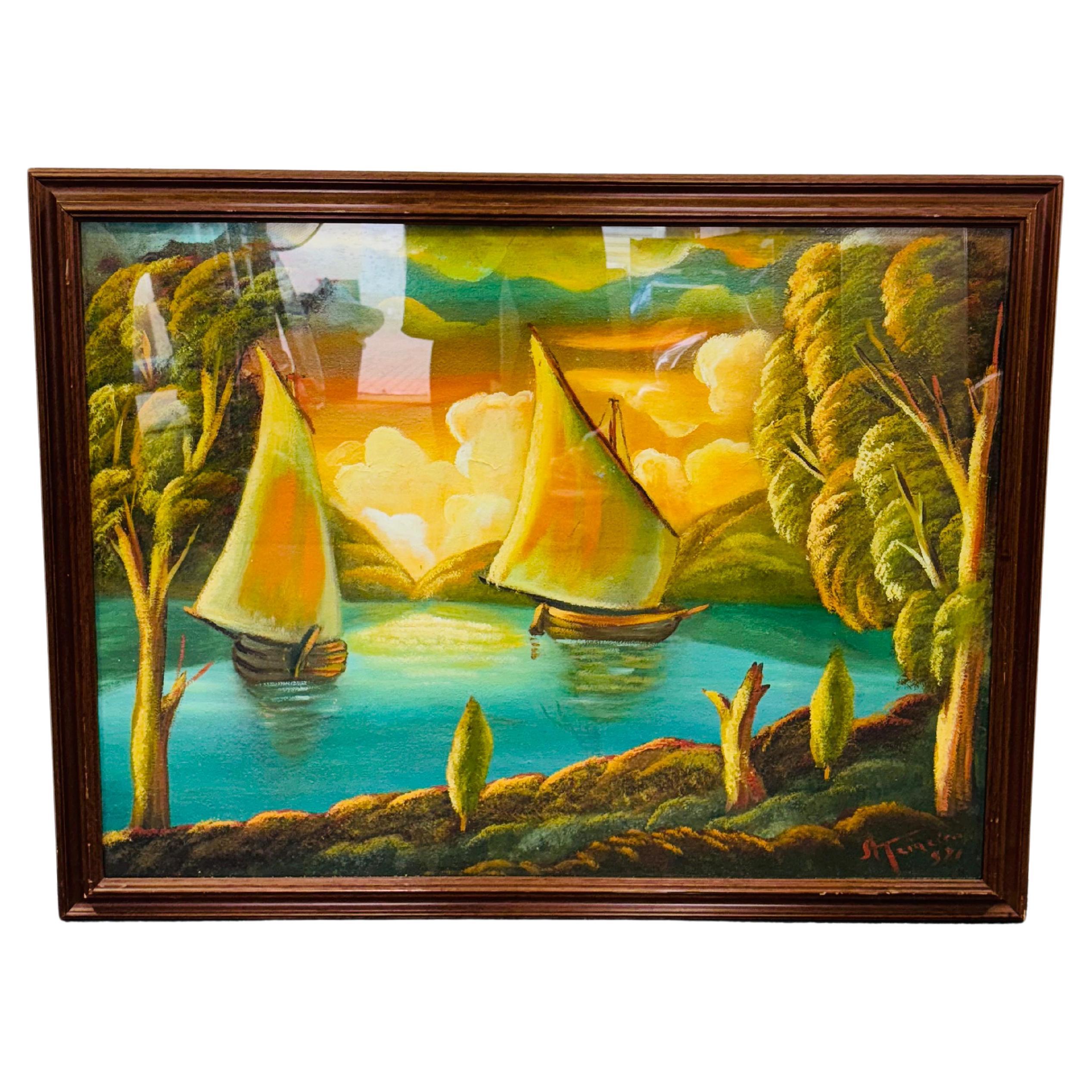 Quadro fiume con barche a vela anni 70
