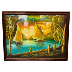 Quadro fiume con barche a vela anni 70