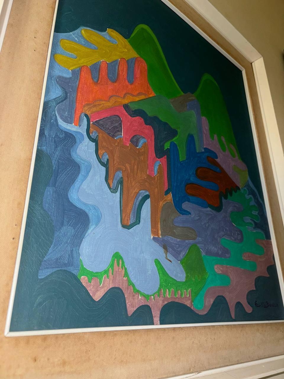 Cornice bianca con quadro che sfuma tutti i colori dal freddo al caldo.
Dal verde, al giallo, al blu, al rosso al lilla un mix di colori che riempiono un quadro olio su tela.
Il quadro originale dato il vissuto presenta qualche usura.
Ottimo per