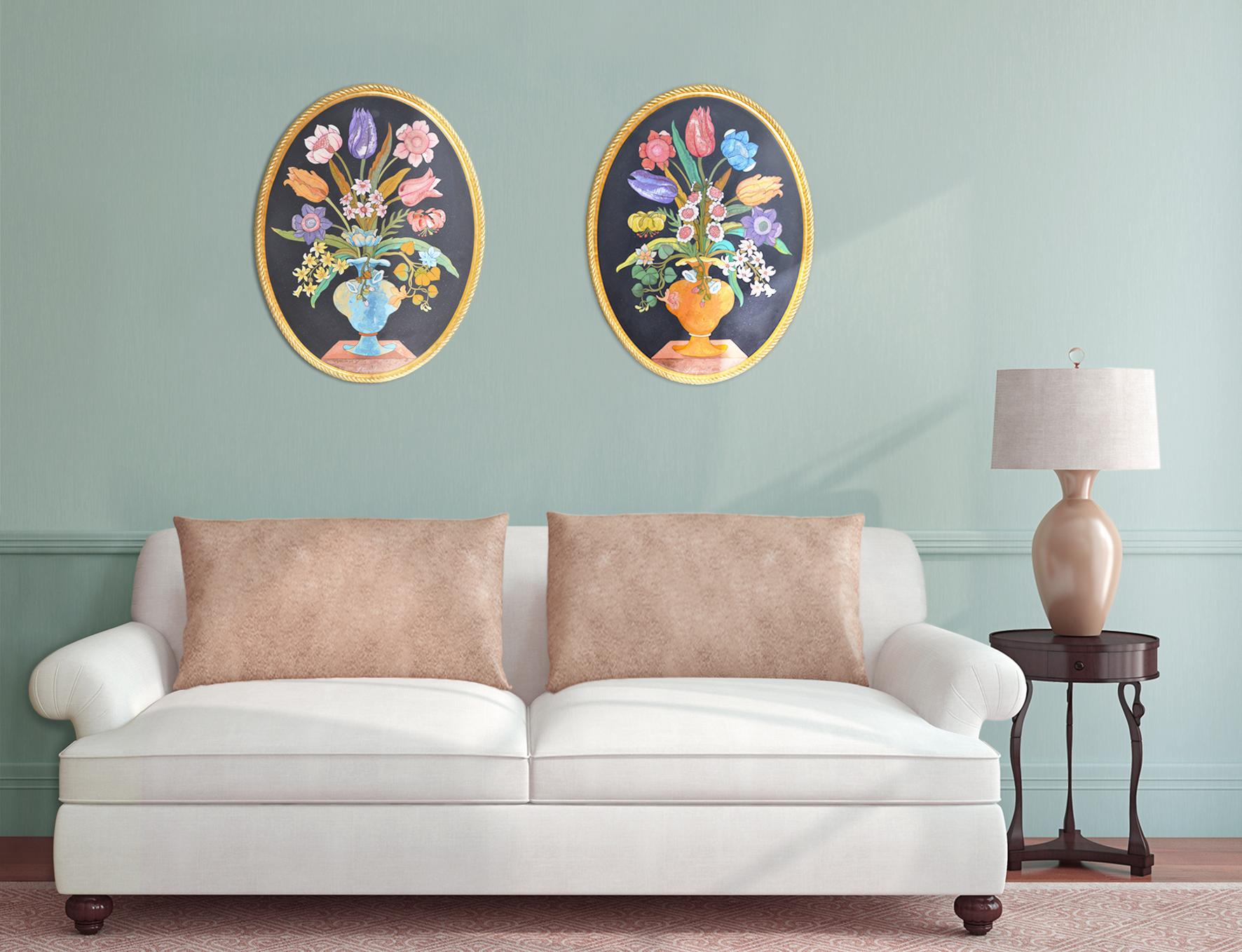 Néo-classique Ovale noir incrusté de fleurs et cadre doré fait à la main par Cupioli Italia en vente