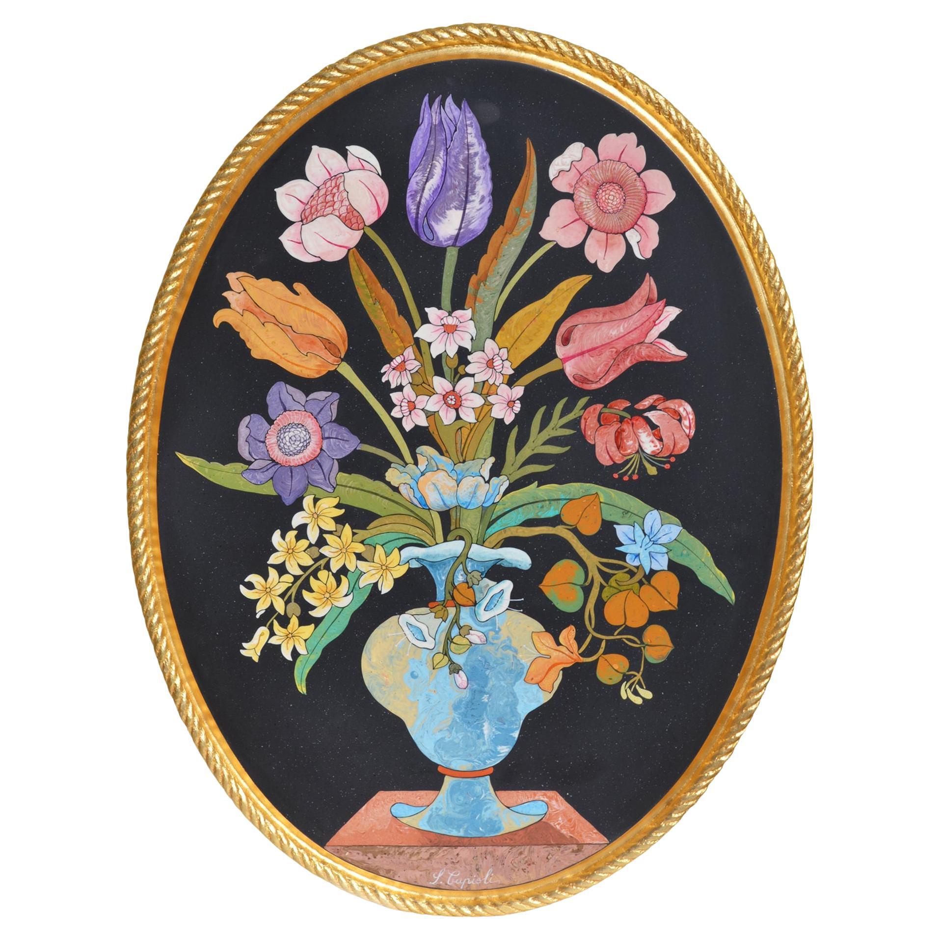 Quadro Nero Ovale Intarsio Fiori e Cornice Oro Fatto a Mano da Cupioli Italia