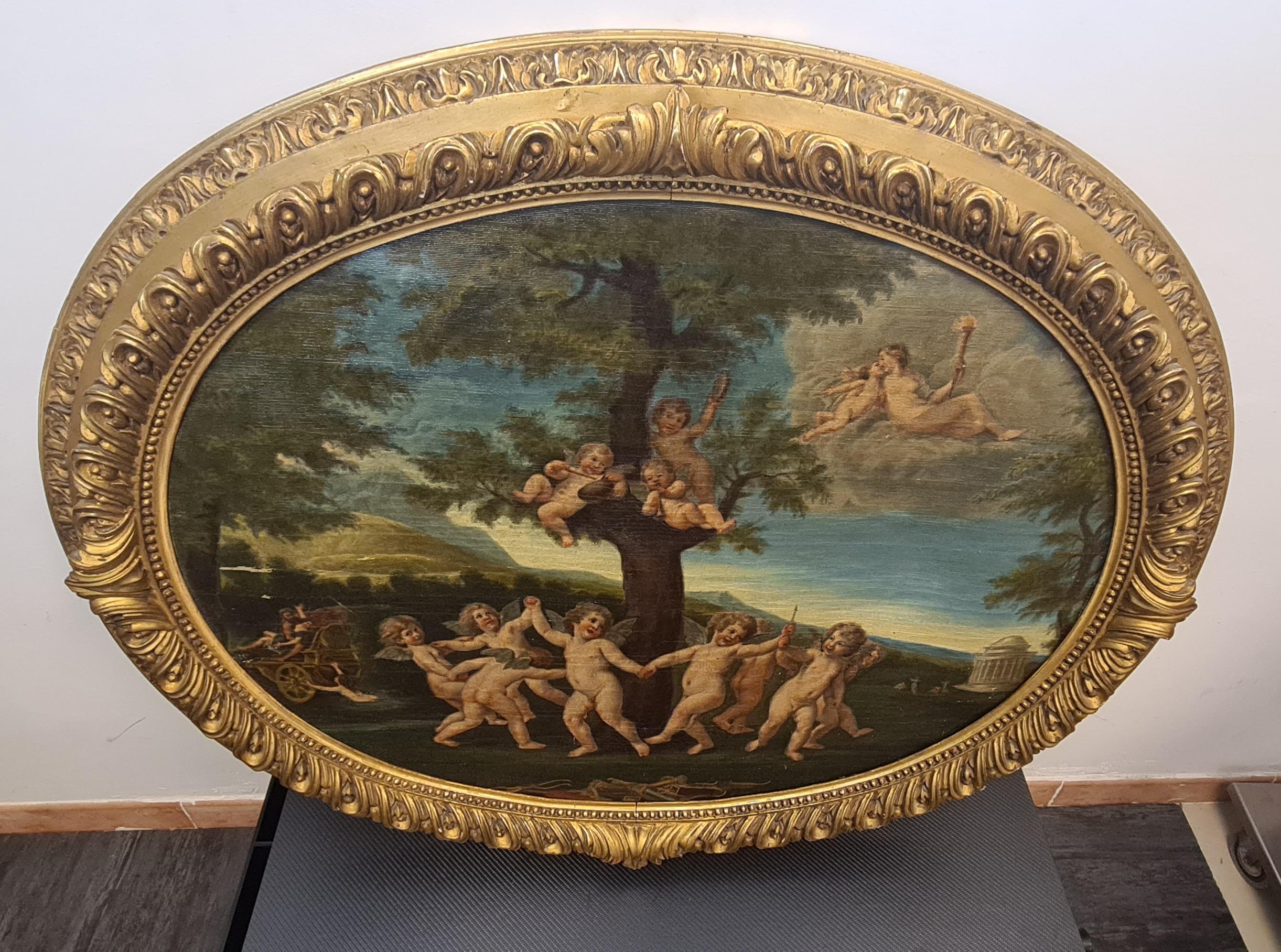 Oval painting depicting the dance of cupids.

Romantic oil painting on canvas with an oval shape and gold leaf gilded frame.

The extraordinarily refined and highly decorative painting depicts an 18th-century allegory.

Centrally and in the