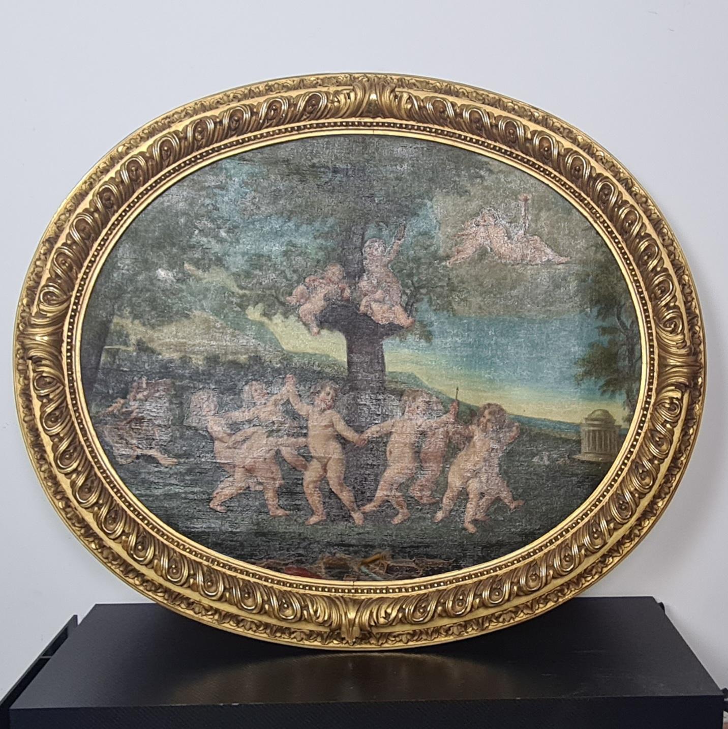 Italian Oil on canvas painting depicting 18th century allegorical scene  19thC For Sale
