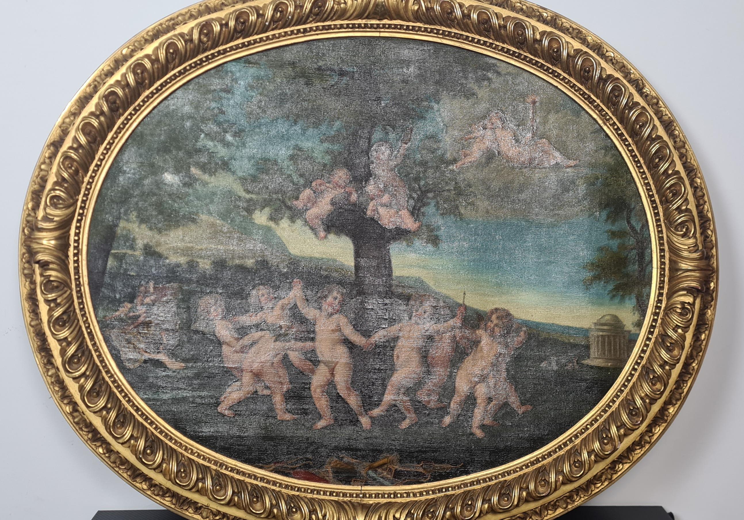 Oil on canvas painting depicting 18th century allegorical scene  19thC In Good Condition For Sale In Torino, IT